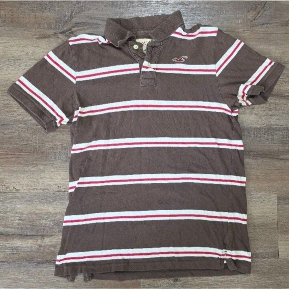 Hollister CA Polo Shirt Mens XL Brown/White Striped Casual Short Sleeve